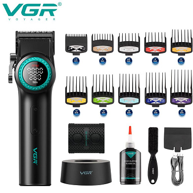 аккумуляторная машинка для стрижки (clipper) vgr v-001 black, 10 насадок, 9000 rpm, 4600 mah, led light, led display, оптом, купить