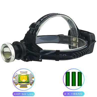 фонарь налобный 8070-p50, 3x18650, power bank, зу type-c, zoom, оптом, купить